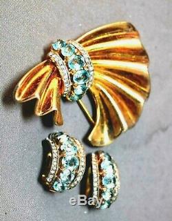 RARE Alfred Philippe Crown Trifari Sterling Silver Vermeil Fur Pin & Earrings