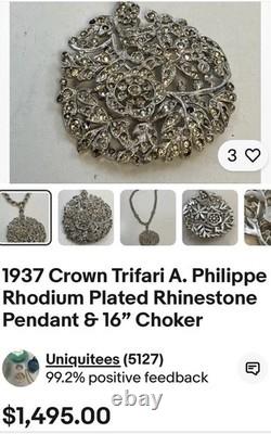 RARE CROWN TRIFARI ALFRED PHILIPPE RHODIUM PLATED PENDANT NECKLACE Pat. 107131