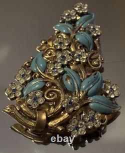 RARE Crown Trifari Alfred Philippe Enamel Flower Bouquet Deco Fur Dress Pin Clip