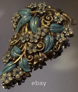 RARE Crown Trifari Alfred Philippe Enamel Flower Bouquet Deco Fur Dress Pin Clip