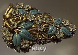 RARE Crown Trifari Alfred Philippe Enamel Flower Bouquet Deco Fur Dress Pin Clip