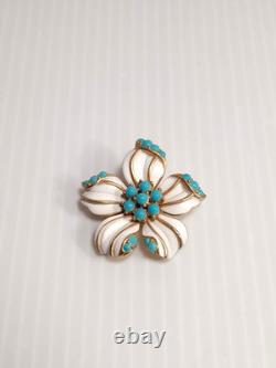 RARE Crown Trifari Alfred Philippe Flower Faux Blue Turquoise White Enamel Pin