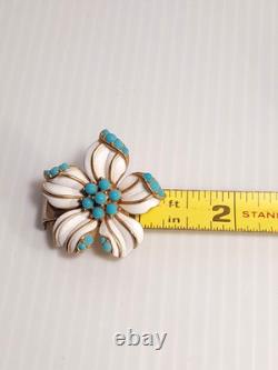RARE Crown Trifari Alfred Philippe Flower Faux Blue Turquoise White Enamel Pin