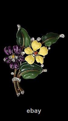 RARE Crown Trifari Alfred Philippe Violet and Yellow Pansy Floral Fur Pin Clip