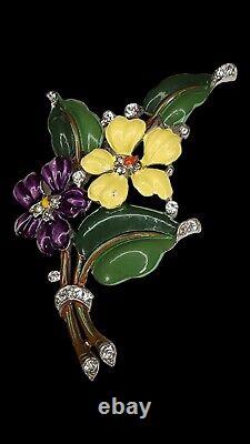 RARE Crown Trifari Alfred Philippe Violet and Yellow Pansy Floral Fur Pin Clip
