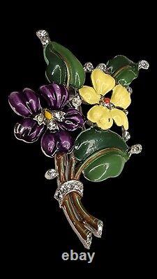 RARE Crown Trifari Alfred Philippe Violet and Yellow Pansy Floral Fur Pin Clip