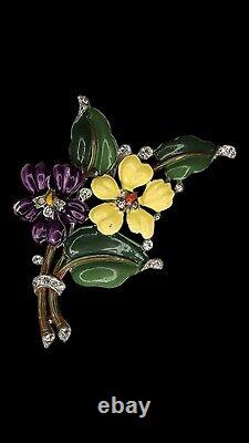 RARE Crown Trifari Alfred Philippe Violet and Yellow Pansy Floral Fur Pin Clip