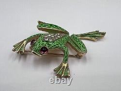 RARE Crown Trifari Vintage Figural Frog, Alfred Philippe Ruby Red Eyes Golden