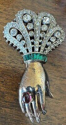 RARE Estate Alfred Philippe Trifari Sterling Jeweled Rhinestone Hand Fur Clip