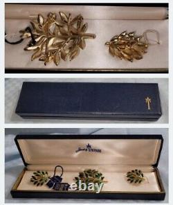 RARE! FINDAlfred Philippe Crown Trifari Enamel Leaves Pin Spring Brooch Earrings