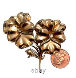 RARE Figural Crown Trifari Philippi Vintage Dbl Pansy Brooch, Pave Rhinestones