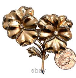 RARE Figural Crown Trifari Philippi Vintage Dbl Pansy Brooch, Pave Rhinestones