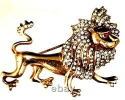 RARE Lion Figural Trifari Sterling Vermeil Rhinestone Embedded Brooch Patent