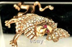 RARE Lion Figural Trifari Sterling Vermeil Rhinestone Embedded Brooch Patent