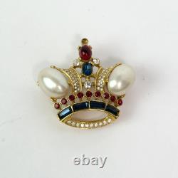 RARE Trifari Alfred Philippe VTG Crown Brooch Pearl Red Blue Gemstones GoldTone