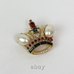 RARE Trifari Alfred Philippe VTG Crown Brooch Pearl Red Blue Gemstones GoldTone