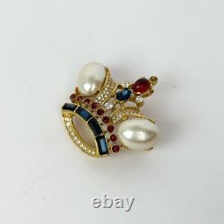 RARE Trifari Alfred Philippe VTG Crown Brooch Pearl Red Blue Gemstones GoldTone