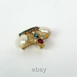 RARE Trifari Alfred Philippe VTG Crown Brooch Pearl Red Blue Gemstones GoldTone