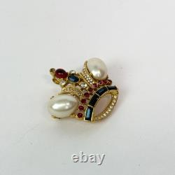 RARE Trifari Alfred Philippe VTG Crown Brooch Pearl Red Blue Gemstones GoldTone