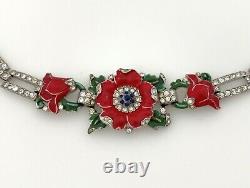 RARE Trifari Enamel Flower Bracelet, Red Floral Rhinestone Alfred Philippe