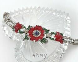 RARE Trifari Enamel Flower Bracelet, Red Floral Rhinestone Alfred Philippe