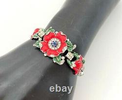 RARE Trifari Enamel Flower Bracelet, Red Floral Rhinestone Alfred Philippe