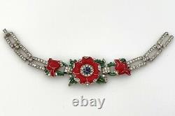 RARE Trifari Enamel Flower Bracelet, Red Floral Rhinestone Alfred Philippe