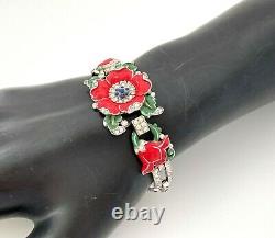 RARE Trifari Enamel Flower Bracelet, Red Floral Rhinestone Alfred Philippe