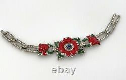 RARE Trifari Enamel Flower Bracelet, Red Floral Rhinestone Alfred Philippe