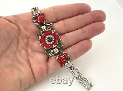 RARE Trifari Enamel Flower Bracelet, Red Floral Rhinestone Alfred Philippe