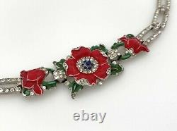 RARE Trifari Enamel Flower Bracelet, Red Floral Rhinestone Alfred Philippe