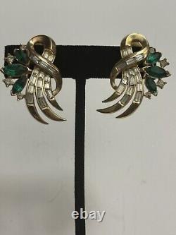 RARE VINTAGE CROWN TRIFARI ALFRED PHILIPPE EMERALD DIAMANTE WING EARRINGS 1950's