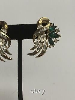 RARE VINTAGE CROWN TRIFARI ALFRED PHILIPPE EMERALD DIAMANTE WING EARRINGS 1950's