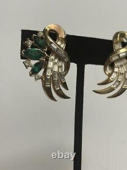 RARE VINTAGE CROWN TRIFARI ALFRED PHILIPPE EMERALD DIAMANTE WING EARRINGS 1950's