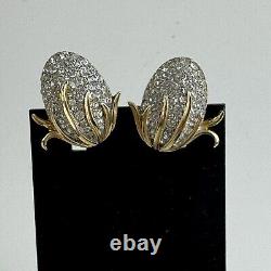 RARE Vintage Alfred Philippe Crown Trifari Pave Earrings Gold Clip On Rhinestone