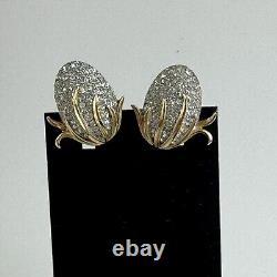 RARE Vintage Alfred Philippe Crown Trifari Pave Earrings Gold Clip On Rhinestone