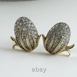 RARE Vintage Alfred Philippe Crown Trifari Pave Earrings Gold Clip On Rhinestone