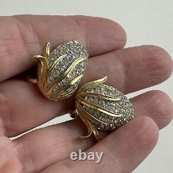 RARE Vintage Alfred Philippe Crown Trifari Pave Earrings Gold Clip On Rhinestone