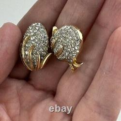 RARE Vintage Alfred Philippe Crown Trifari Pave Earrings Gold Clip On Rhinestone
