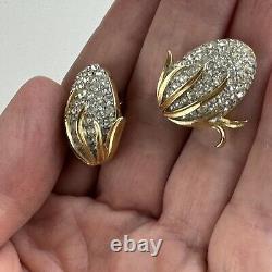 RARE Vintage Alfred Philippe Crown Trifari Pave Earrings Gold Clip On Rhinestone