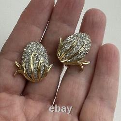 RARE Vintage Alfred Philippe Crown Trifari Pave Earrings Gold Clip On Rhinestone