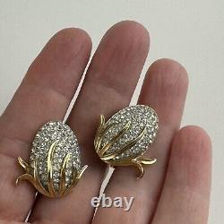 RARE Vintage Alfred Philippe Crown Trifari Pave Earrings Gold Clip On Rhinestone