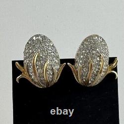 RARE Vintage Alfred Philippe Crown Trifari Pave Earrings Gold Clip On Rhinestone