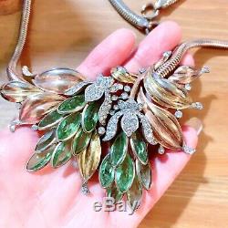 RARE Vintage Trifari Alfred Philippe Peridot Green Double Lotus Flower Necklace