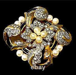 Rare 1940 Crown Trifari Gp Rhinestone Empress Eugenie Faux Pearl Dress Clip
