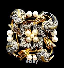 Rare 1940 Crown Trifari Gp Rhinestone Empress Eugenie Faux Pearl Dress Clip