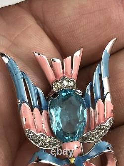 Rare 1941 Alfred Philippe Crown Trifari Enamel Rhinestone Pink Blue Bird Brooch