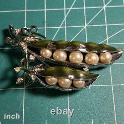 Rare 1953 Trifari Double Pea Pod Brooch Green Enamel Faux Pearl READ