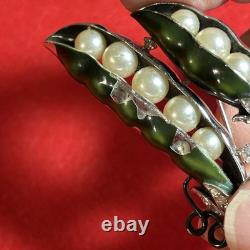 Rare 1953 Trifari Double Pea Pod Brooch Green Enamel Faux Pearl READ