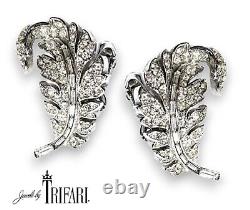 Rare 1955 Trifari Royal Plume Alfred Philippe Pave Rhinestone Clip Earrings